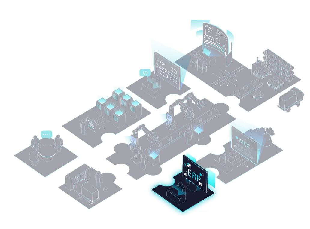 스마트팩토리 8가지 서비스가 담긴 공장 내 공정 스마트팩토리컨설팅, IT 인프라, IT 운영(ITO), 제조물류자동화, 설비자동화, 전사자원관리(ERP), On-Premise MES, Cloud MES 중 전사자원관리(ERP) 선택됨