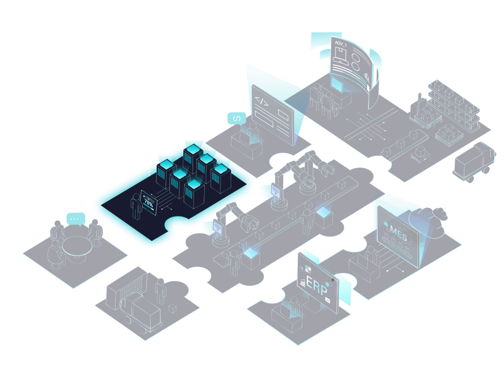 스마트팩토리 8가지 서비스가 담긴 공장 내 공정 스마트팩토리컨설팅, IT 인프라, IT 운영(ITO), 제조물류자동화, 설비자동화, 전사자원관리(ERP), On-Premise MES, Cloud MES 중 IT 인프라 선택됨